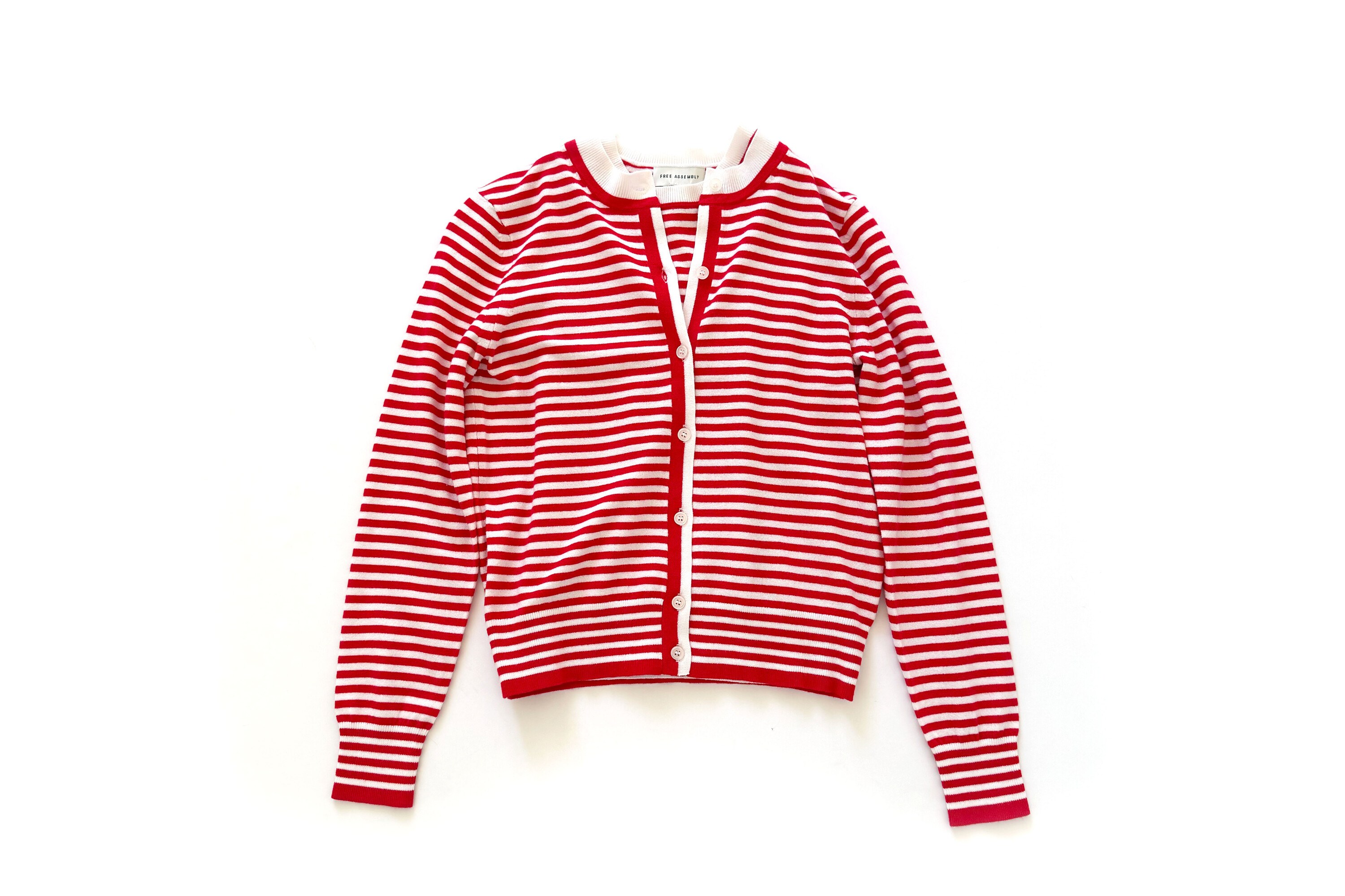 Free Assembly women's red and white striped button-front knit cardigan laid flat on white background